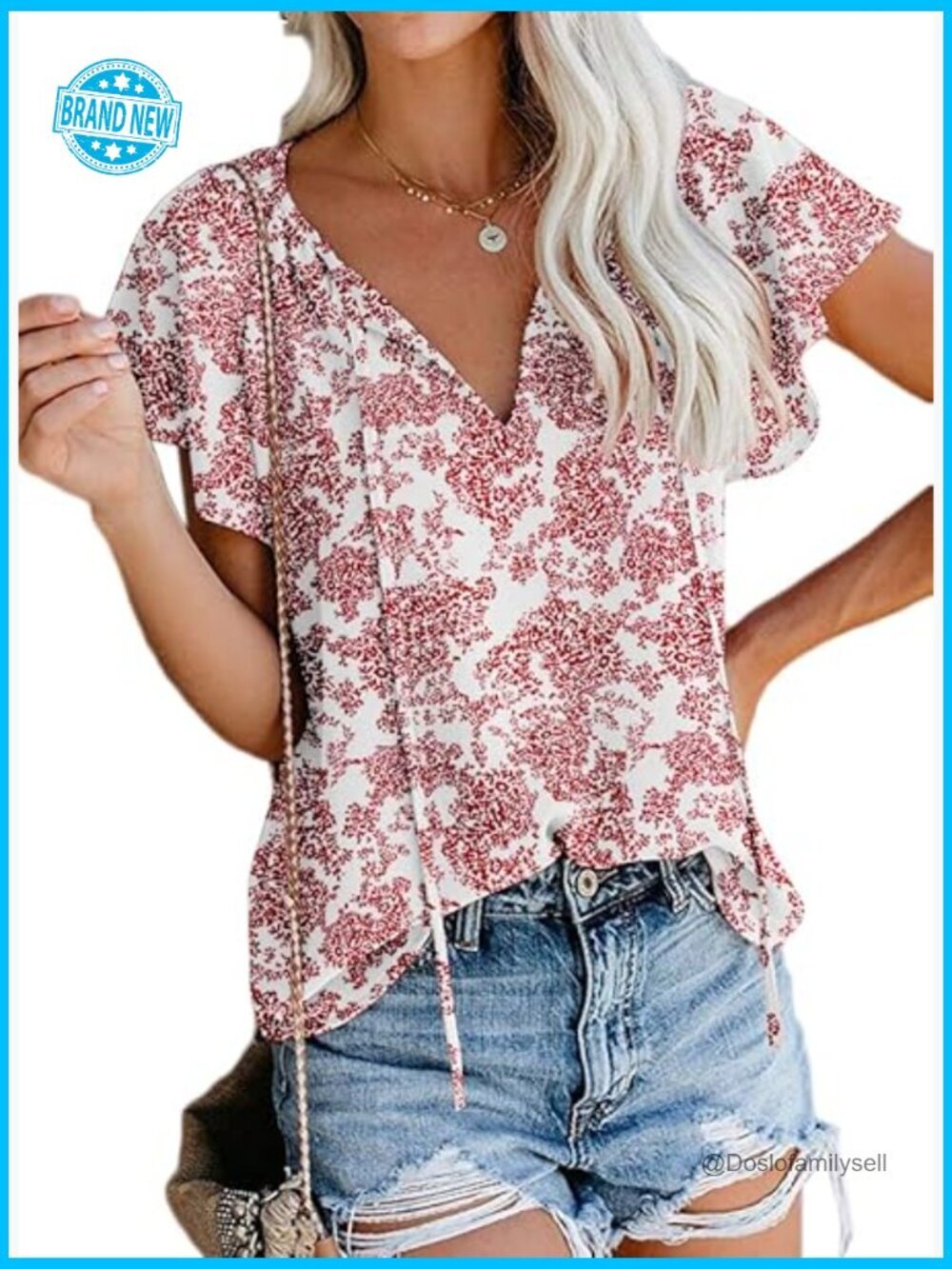 Boho Floral V Neck Short Sleeve Blouse Flutter Sleeve Lightweight Flowy Top